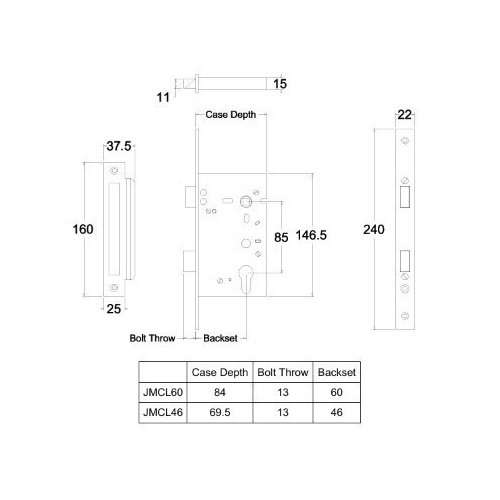 Jacksons JMCL46RSSS Cylinder Mortice Long Body, Rebated Satin Stainless Steel