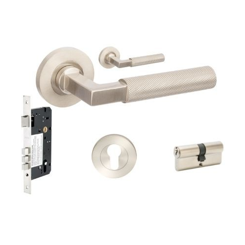 Zanda 9345.E3.BN Zurich Knurled Entrance Set - Includes 1143, 9349 & 1121 (70mm Key/Key) Brushed Nickel