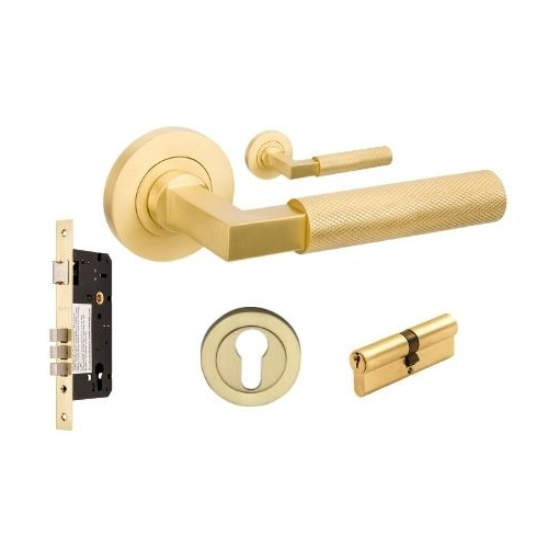 Zanda 9345.E3.SB Zurich Knurled Entrance Set - Includes 1143, 9349 & 1121 (70mm Key/Key) Satin Brass