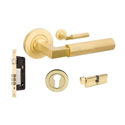 Zanda 9345.E4.SB Zurich Knurled Entrance Set - Includes 1143, 9349 & 1122 (70mm Key/Turn) Satin Brass